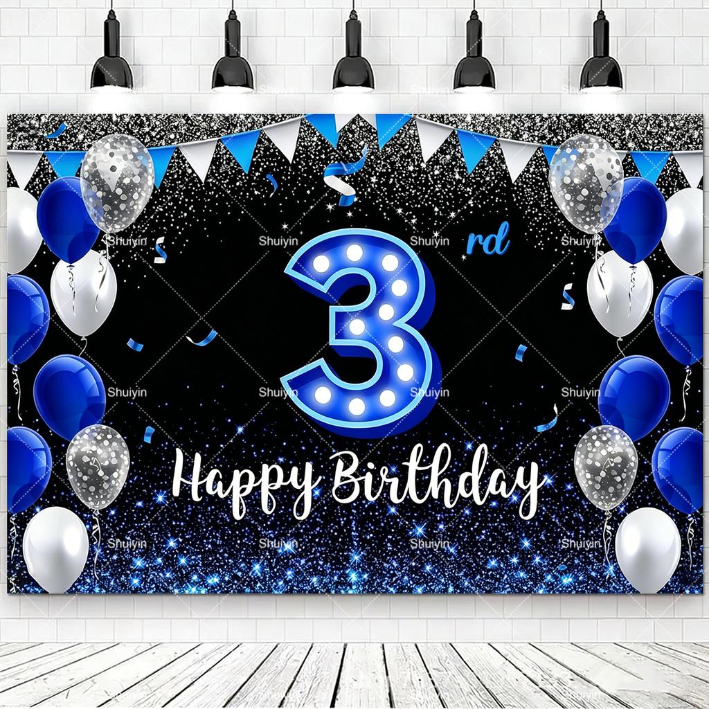 2D Happy Birthday Backdrop Black Blue Balloon Customized Age Kids Adults 18th 20th 30th 40th Birthday Decorations Party Supplies