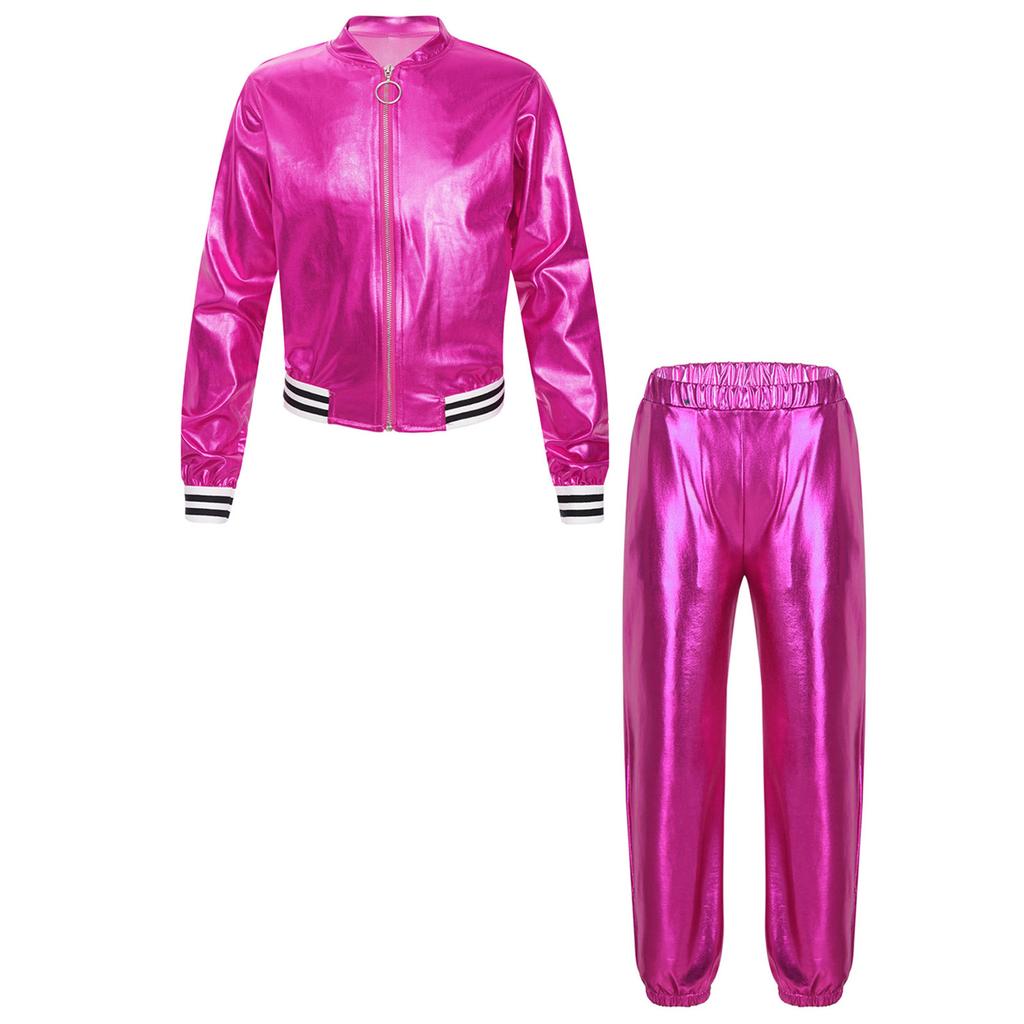 Kids Girls Metallic Long Sleeve Stand Collar Zipper Jacket with High Waist Pants for Sports Workout