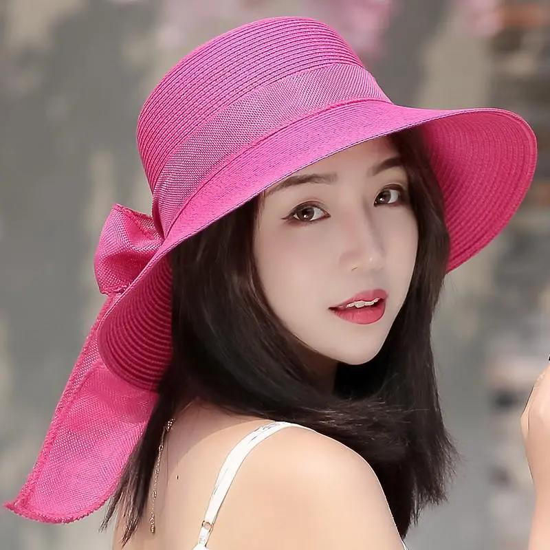 WTEMPO Elegant Casual Travel Beach Foldable Summer Hats with Bow Women's Wide Brim Solid Color Outdoor Sunscreen Hats