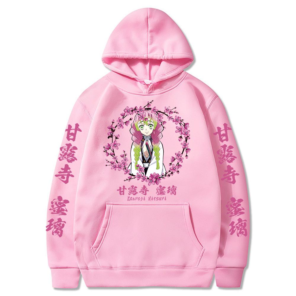 Горячая толстовка с капюшоном в стиле аниме Demon Slayer для мужчин и женщин, розовый пуловер с цветком персика, Harajuku, красивые зимние теплые толстовки Kanroji Mitsuri