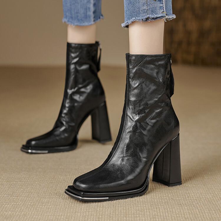 Женские ботильоны на высоком каблуке, модные кожаные туфли с квадратным носком, зимняя трендовая обувь для офиса 2025 года, элегантные массивные ботинки для женщин