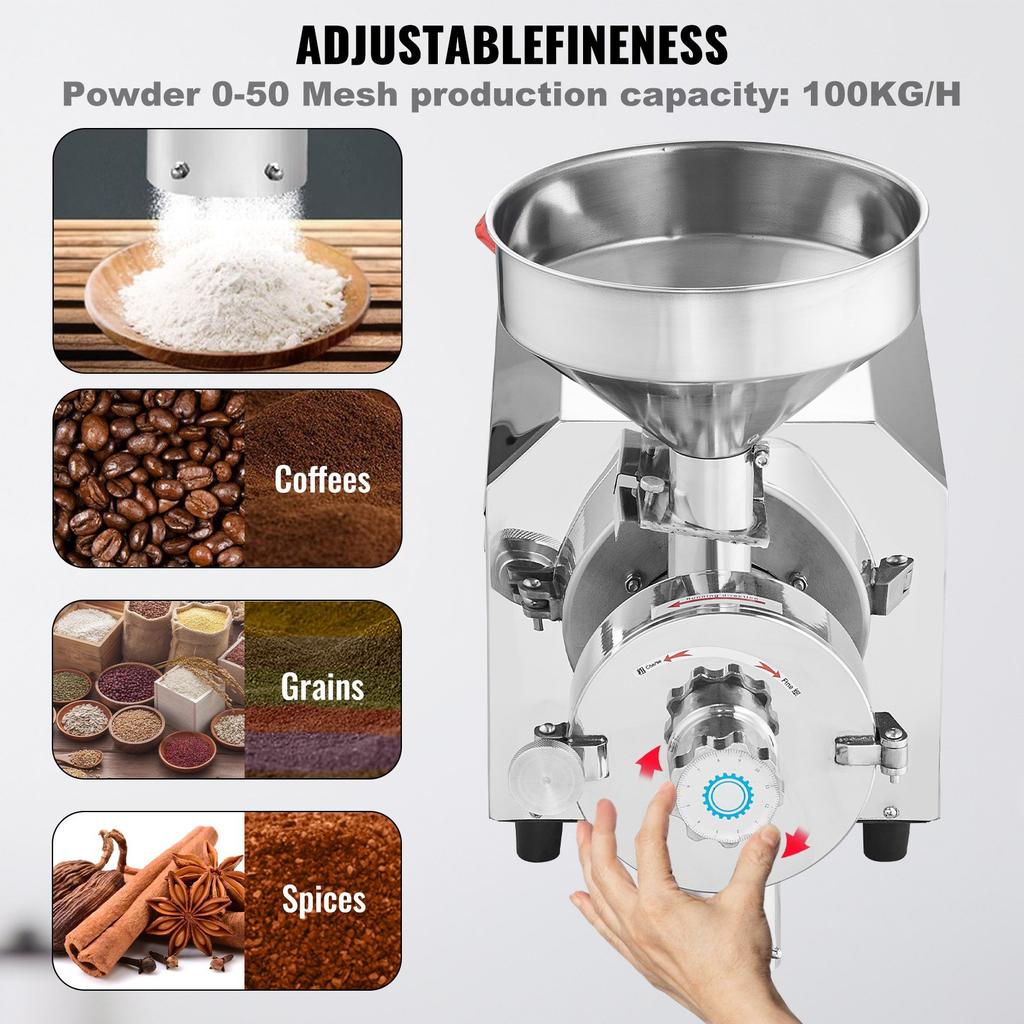 VEVOR Soybean Grinder Commercial Grinding Machine for Spices 3000W Corn Mill Grinder 100 KG/H Stainless Steel Corn Grinder Industrial Flour Milling