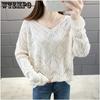 Hollow Knitted Sweater Women's Pullover Spring and Autumn V-neck Blouse Loose Outer Sweater Bottoming Shirt