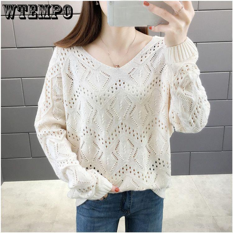 Hollow Knitted Sweater Women's Pullover Spring and Autumn V-neck Blouse Loose Outer Sweater Bottoming Shirt