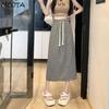 Summer Women's High Waist Mid-length A-line Skirt Elastic Stripes Drawstring Casual Split Skirt