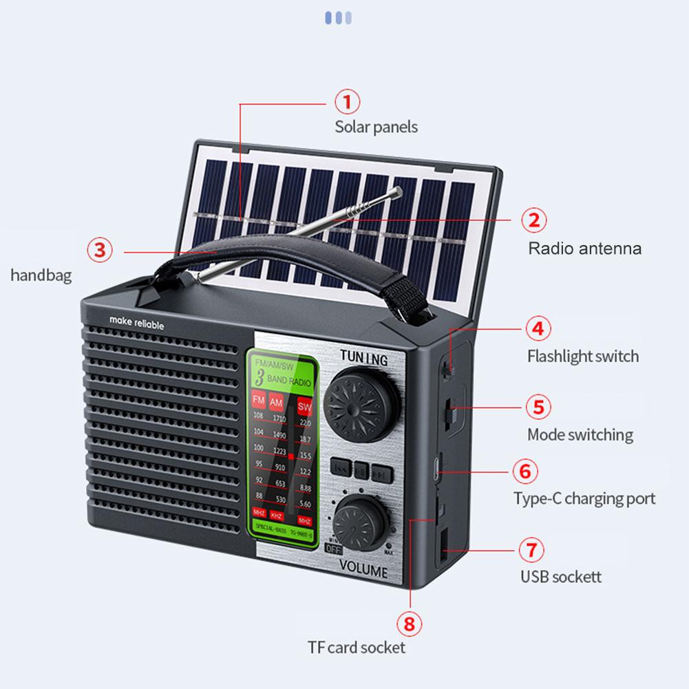 Солнечное Радио Портативное FM AM SW Все Диапазоны Радио с LED Фонариком Bluetooth Музыкальный Плеер Аварийное Радио Поддержка TF Карты USB Накопителя