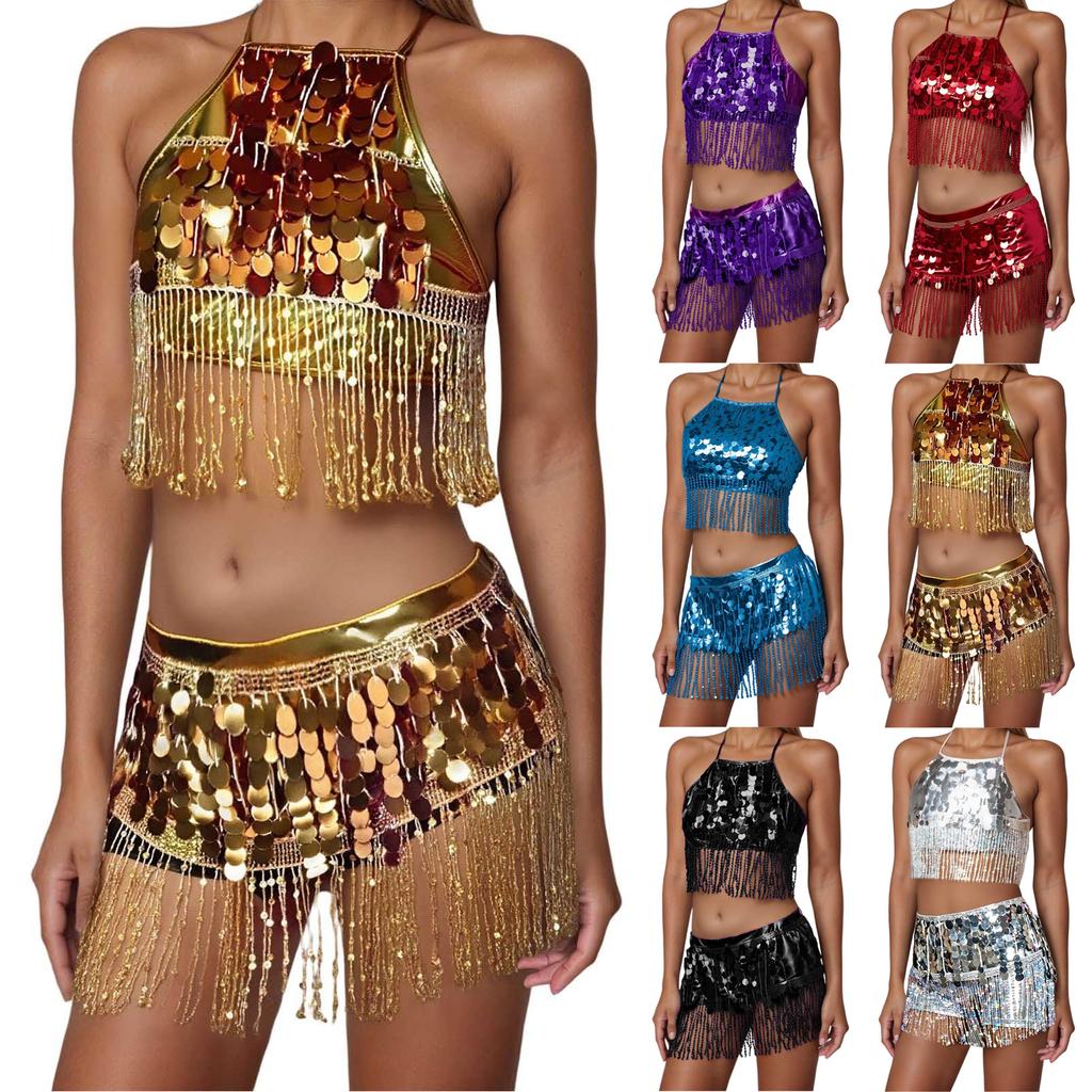 2 Pieces, Bra With Sequined Tassels, Fringed Top, Belly Dance Skirt, Carnival, Club, Costumes