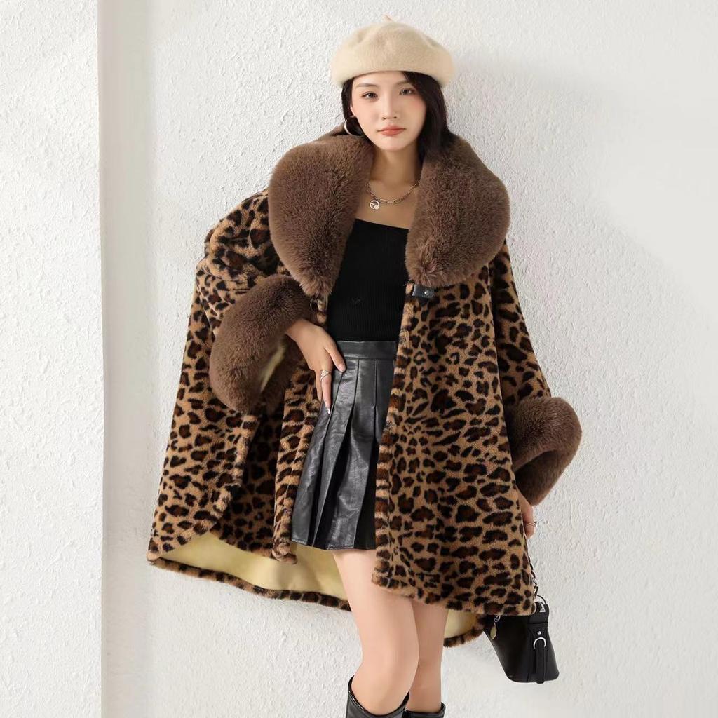 Medium-length Faux Otter Rabbit Hair Collar Cape Shawl Women's Loose Bat Sleeve Printed Cardigan Large Size Tweed Jacket
