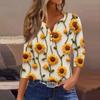 Women's Fashion Casual Floral Print V-Neck Decorative Button Three-quarter Sleeve T-Shirt Top