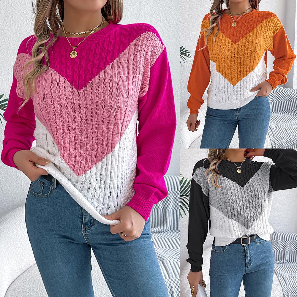 Womens Knit Jumper V-Neck Long Sleeve Color Block Pullovers Sweaters Button Chunky Cable Knitted Sweatshirt