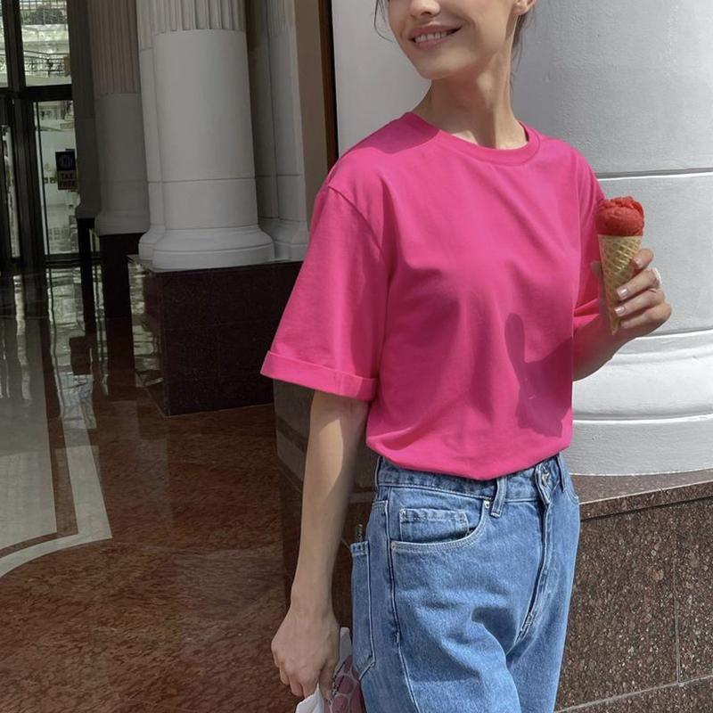 Hirsionsan базовая хлопковая футболка женские летние новые свободные однотонные футболки 16 цветов повседневные свободные простые футболки женские корейские женские топы с круглым вырезом