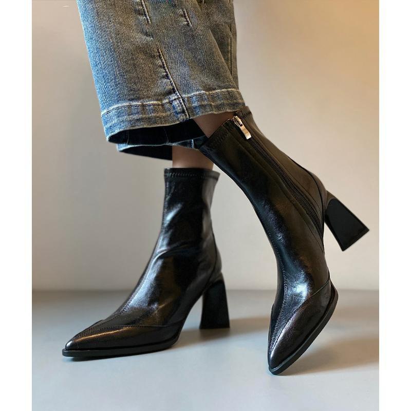 Pointed Soft Leather Thin Boots High Heel Thin Short Boots Women's Side Zipper Leather Temperament Boots Winter