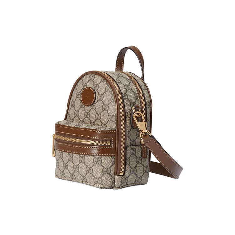 Gucci Мини-рюкзак GG Supreme, Бежевый холст Эбони с отделкой из коричневой кожи, Золотая фурнитура, Мужские рюкзаки для ежедневных покупок, путешествий 725654-92TCG-8563