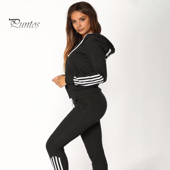 2 Pcs/Set Women Hoodie Pants Suit Hooded Long Sleeves Solid Color Zip-up Coat Elastic High Waist Ankle-banded Trousers Sport Fall Winter Tracksuit