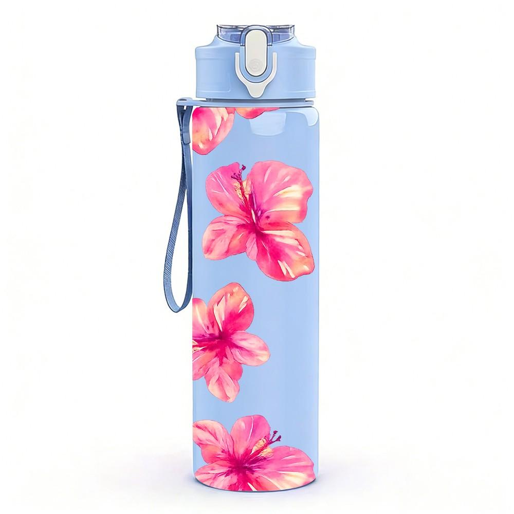 1PC Pink Hibiscus Floral Bloom Print 750ml Color Plastic Sports Water Bottle Leakproof Flip Straw Lid Suitable for Sports Office Home Use