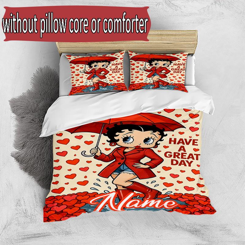 3pcs Duvet Cover Set (1*Duvet Cover + 2*Pillowcase, Without Core), Custom Name Betty Boop Pattern Bedding Set, Home Bedroom Decor Gift