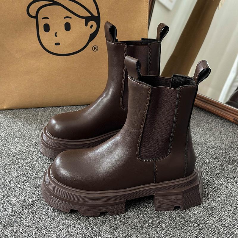 Chelsea Martin Boots Women's Spring and Autumn Single Boots 2025 New Big Head Platform Cigarette Medium Boots Coffee Short Boots Trendy Girl