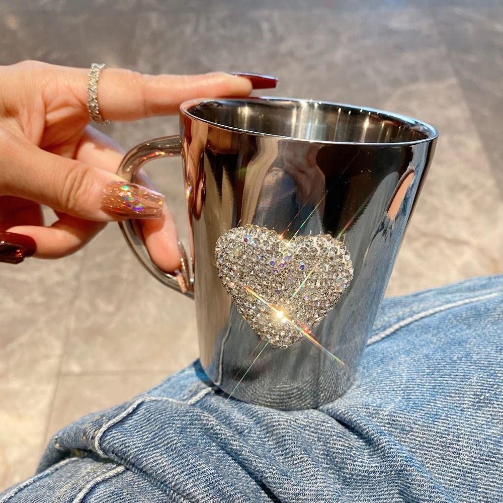 Искрящаяся чашка для воды в форме сердца из нержавеющей стали, чашка, украшенная стразами, настольное украшение