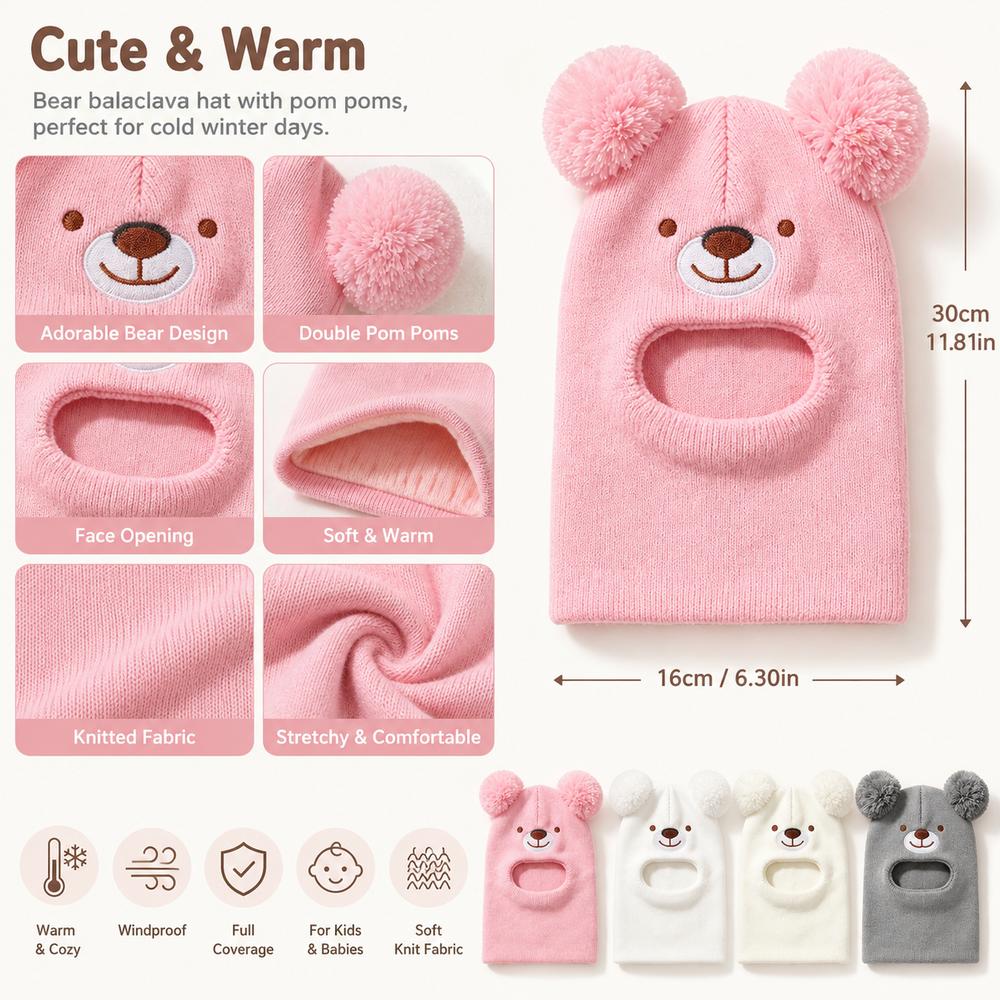 Double Pom Poms Kids Winter Hat Cartoon Bear Kids Bear Balaclava Hat Winter Wear
