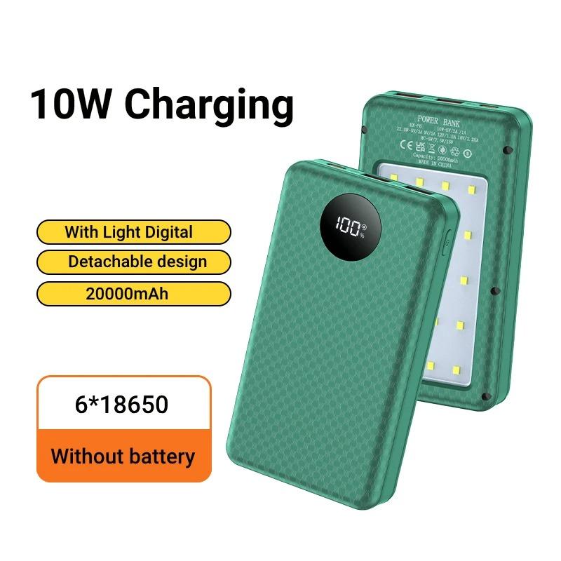 6*18650 внешний аккумуляторный бокс с двумя USB-портами типа C, зарядный чехол с фонарями для кемпинга, 20000 мАч, внешний аккумуляторный футляр для хранения и зарядки