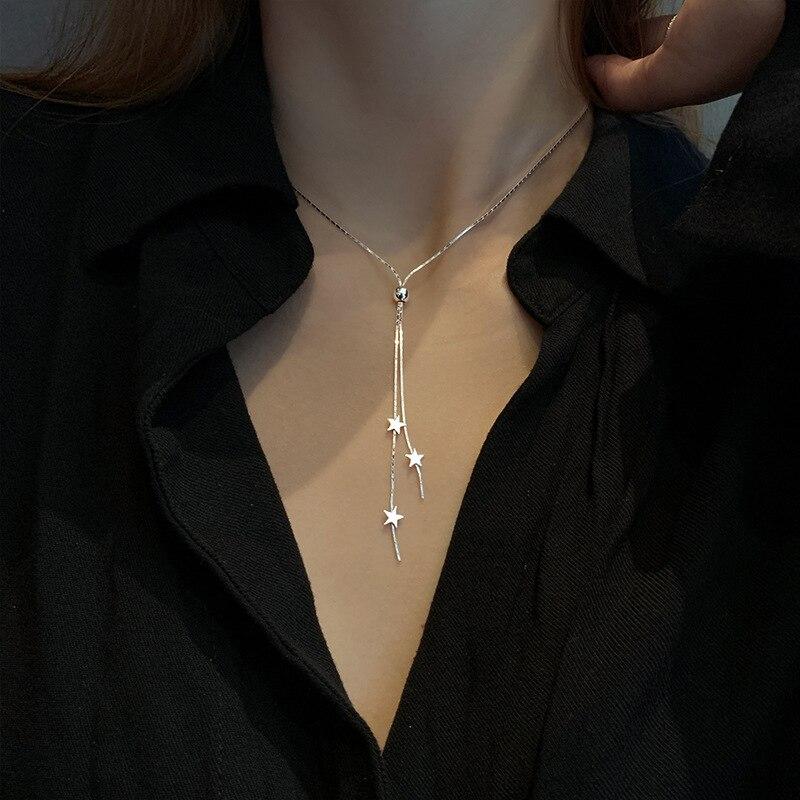925 Sterling Silver Tassel Star Charm Pendent Necklace for Women Girls Party Jewelry Choker Collar Dz300