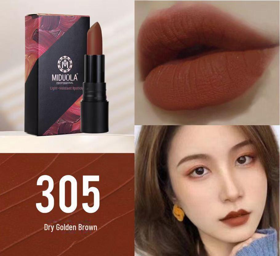 Помада Midora Velvet Matte Lipstick — стойкая, устойчивая к пятнам, увлажняющая, туманно-лилового оттенка для студентов.