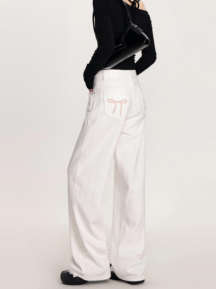 Bow Embroidered Wide Leg Jeans for Women Spring Autumn Large Size Clothing Denim Straight Trousers High Waist Streetwear
