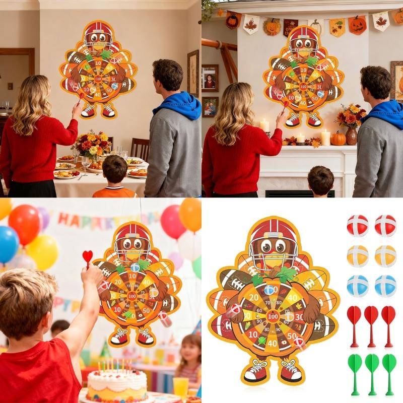 Turkey Dartes Board with Sticky Ball and Dartes Thanksgiving Games Christmas Gift Indoor/Outdoor Party Game Toy for Kids