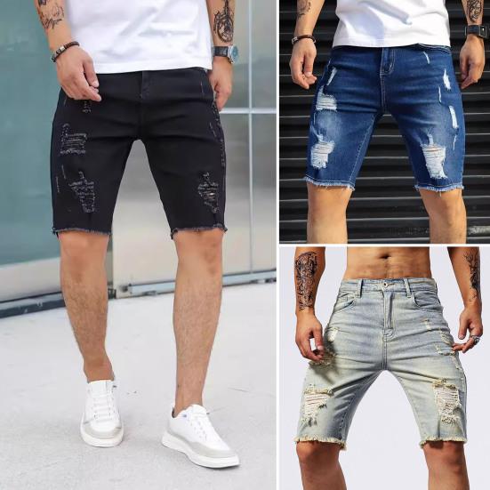 Men Denim Shorts Straight Tapered Legs Ripped Holes Design Knee-Length Shorts Versatile