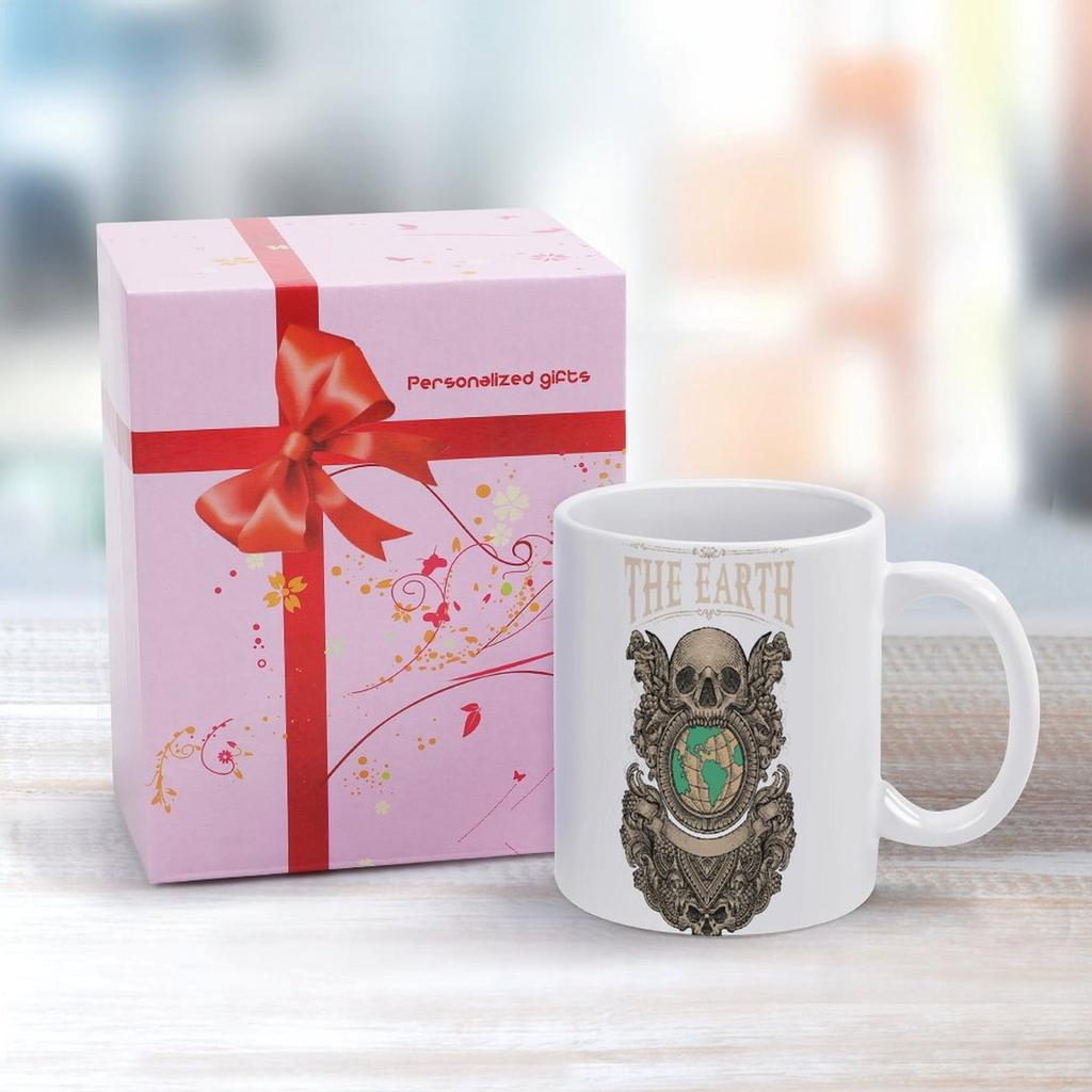 11oz White Ceramic Coffee Mug with Printed Sides, Comfortable Grip and Glossy Finish, Ideal for Daily Hot Beverages