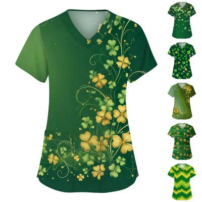 Женская мода с v-образным вырезом, короткими рукавами и карманами, топы с принтом