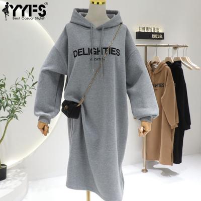 Женская мода Осень Зима Длинный рукав Капюшон Свободный крой Повседневные платья