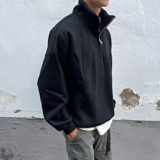 Men Fall Winter Sweatshirt Half-zipper Stand Collar Pure Color Loose Pullover Long Sleeves Casual Daily Streetwear Top