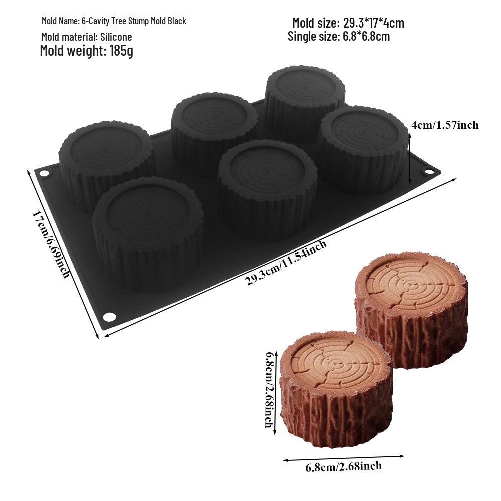 Силиконовая форма на 6 ячеек для муссового торта в виде пенька и десерта-полена