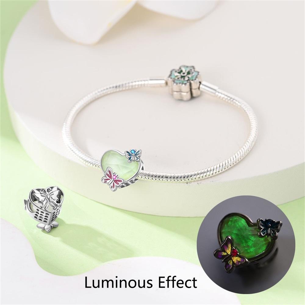 Original 925 Sterling copper Glow-in-the-dark Green Zircon Heart Butterfly & Spinning Ball Dangle Charm Fits Original Bracelet