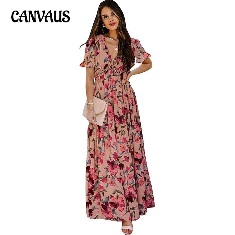 Summer Women's Printed Short Sleeve Dress V-Neck Waist Slim Loose Swing Long Dresses