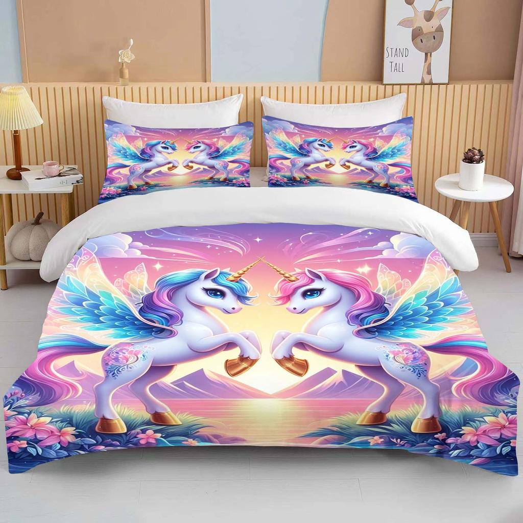 Cute Cartoon Unicorn Print Bedding Set Duvet Cover 1 Duvet Cover 2 Pillowcases Adult and Children Bedding Set Luxury Grils Gift