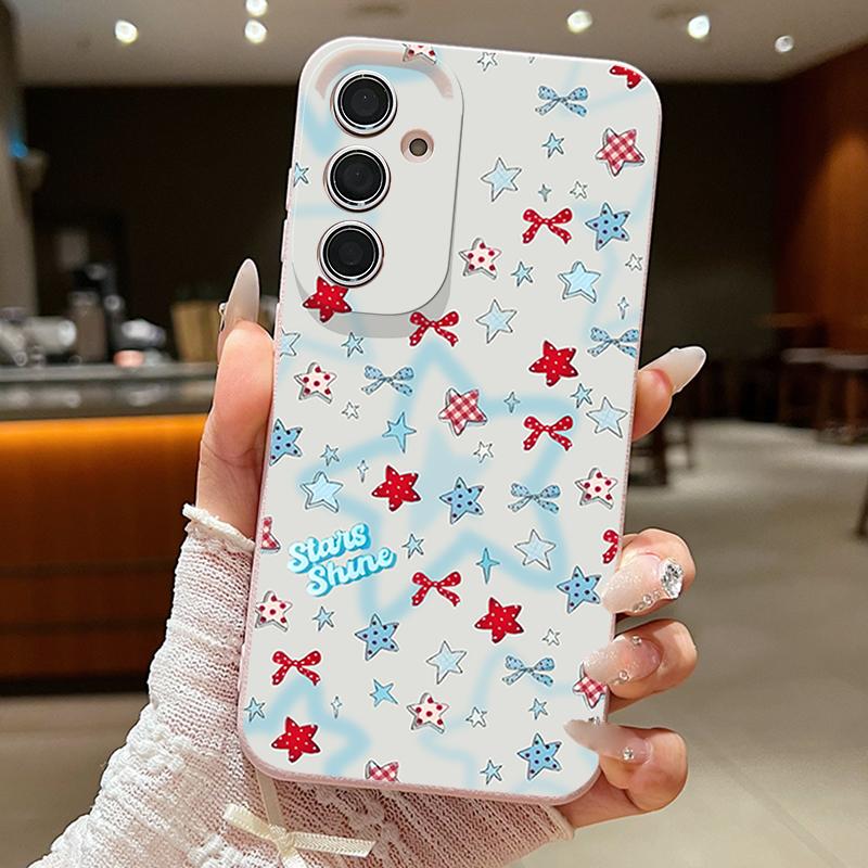 Чехол с узором из синих звезд и бантов Для Samsung Galaxy S25 Edge S24 Ultra S23 S22 Plus S21 FE S26 Ultra Силиконовый чехол с текстурой кожи