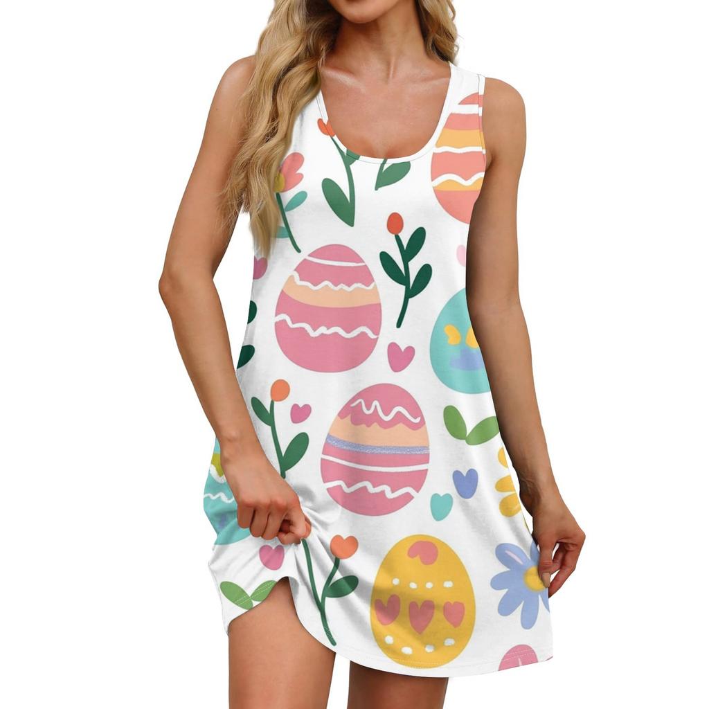 Women's Summer Casual Square Collar Easter Print Dress Sleeveless Dress With Pockets