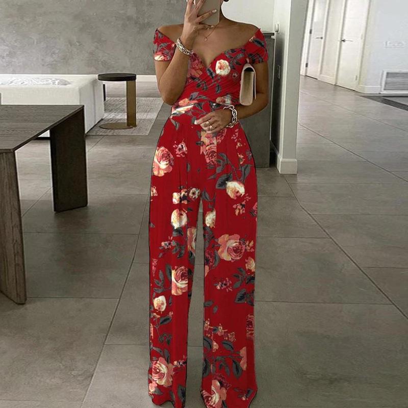 Summer Fashion Printed Wide Leg Jumpsuit Women Sexy Slash Neck Off-shoulder High Waist Jumpsuit Womem Csaual Suit