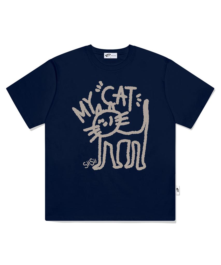 PAGESIISII My Cat Printed Short Sleeve T-Shirt Navy