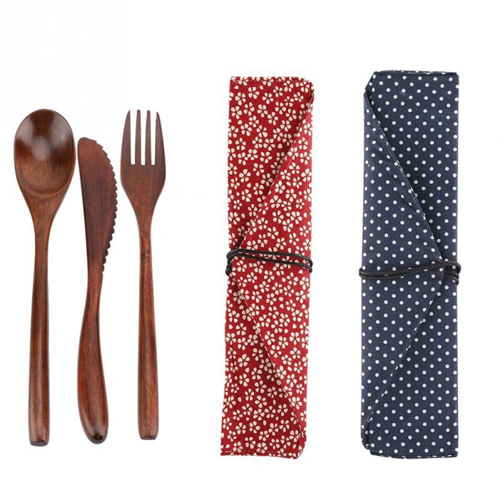 New Spoon Fork Portable Reusable Bamboo Flatware With Bags Wooden Cutlery