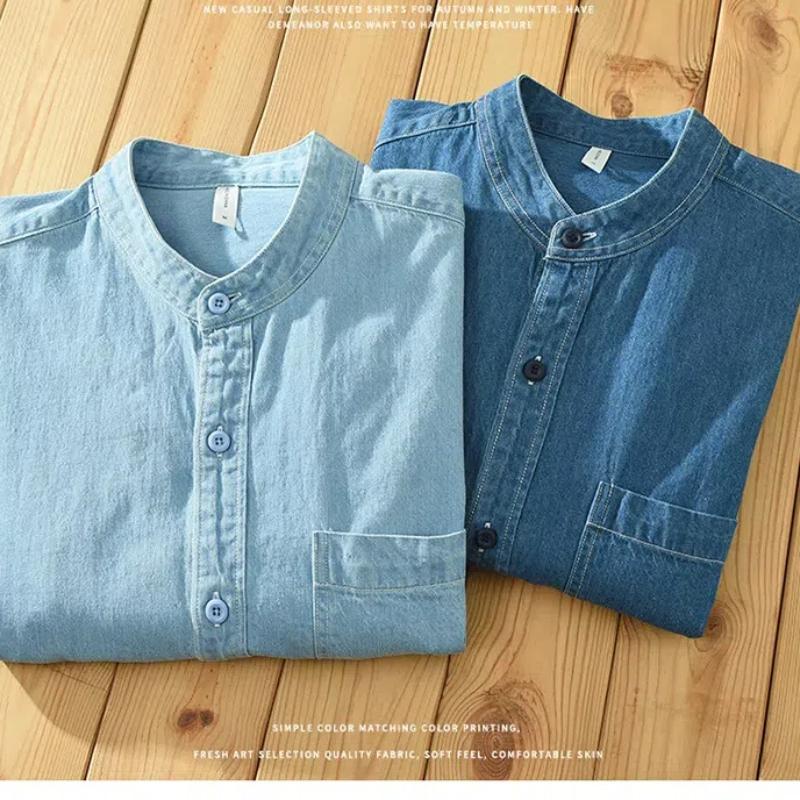Корейский простой стиль светло-голубая джинсовая рубашка мужская весна/осень повседневные рубашки с воротником-стойкой из чистого хлопка с длинным рукавом и карманом