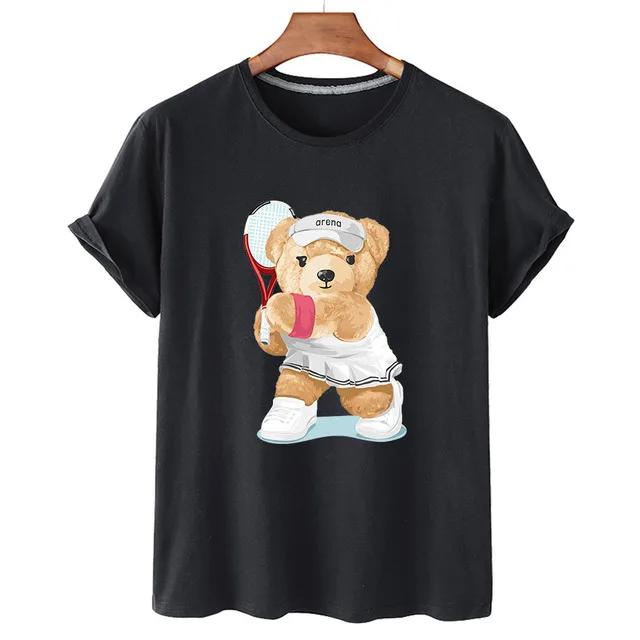 Teddy Bear Playing Badminton Tshirt Exercise Clothing Short Sleeve Tops Graphics Kawaii Unisex Women Short Sleeve Printed Shirt Top