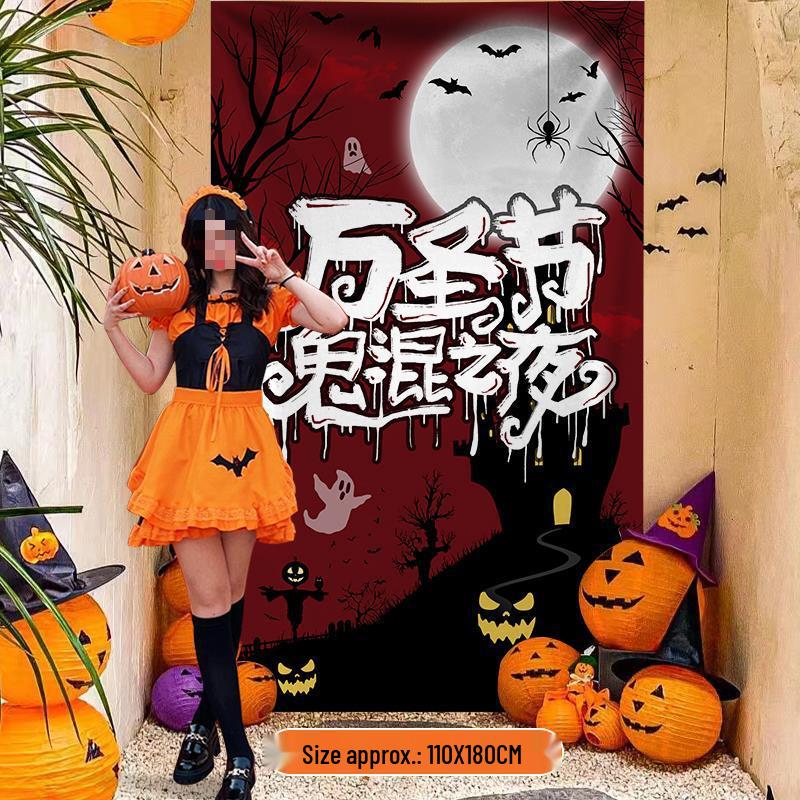 Halloween Outdoor Decorations: Hanging Cloth with Pumpkin Lantern Prop and Banner for Spooky Atmosphere