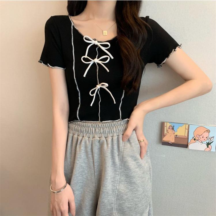 Футболка с короткими рукавами Bow Tie Wave Edge Color Collision, женская летняя, тонкая, с короткими секциями, маленькая рубашка, топы, повседневные, основные, облегающие, пуловеры, футболки