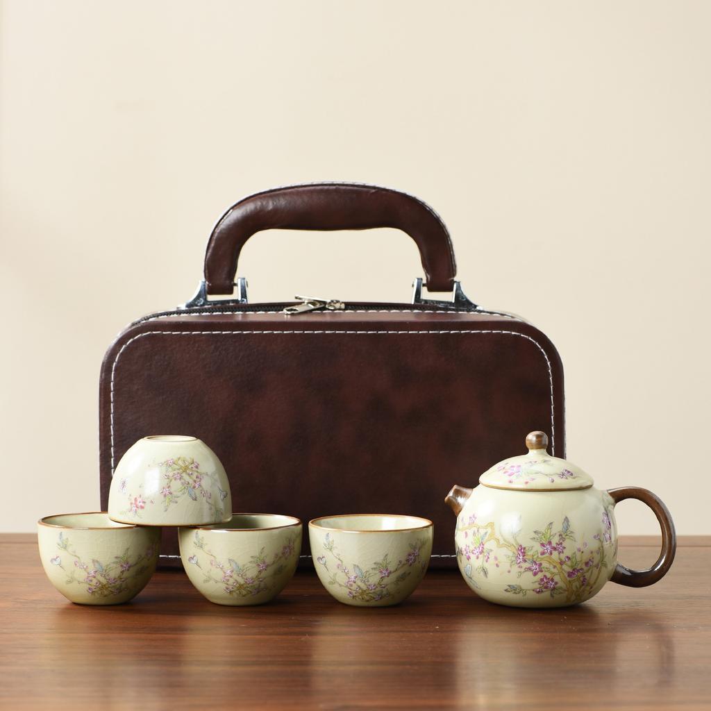 Ru Kiln Travel Tea Set One Pot Four Cups With Gift Box Outdoor Portable Tea Pot Ceramic Business Gifts
