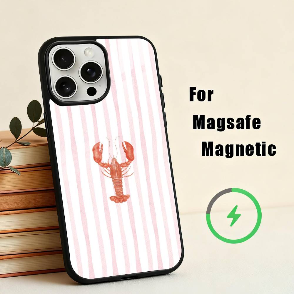 L-Lobster On S-Stripes Ocean Phone Case For iPhone17,16,15,14,13,12,11 Plus,Pro Max Magnetic For Magsafe Wireless Charging
