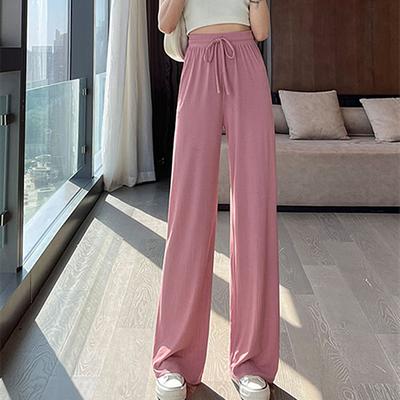 Широкие брюки из зеленого ледяного шелка Matcha для женщин на лето с высокой талией, узкие, прямые брюки, тонкие, солнцезащитные брюки