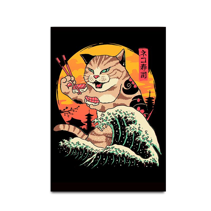 Забавный японский плакат с изображением самурая и кота, холст, живопись, классические суши и кошки, настенные художественные фотографии для гостиной, украшения дома